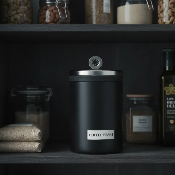 An opaque, airtight coffee canister designed for optimal bean storage, protecting against light and air.