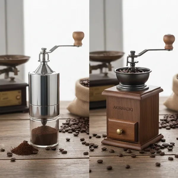 Comparison of Akirakoki A-17B stainless steel grinder and A-15B wooden grinder for coffee.