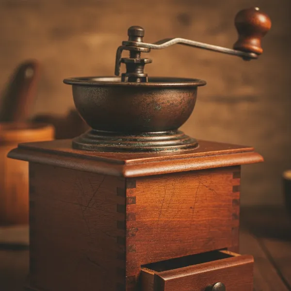 Close-up of an antique wooden box coffee grinder, showcasing its rich patina and detailed craftsmanship.