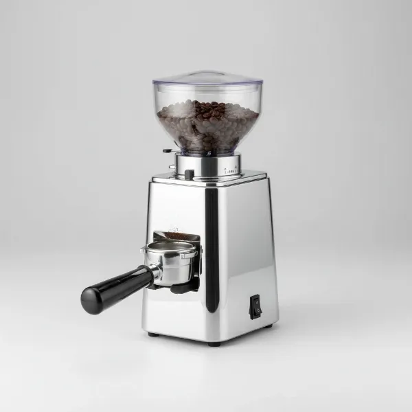 A compact and sleek Ascaso i-Mini I-1 flat burr coffee grinder for home espresso.