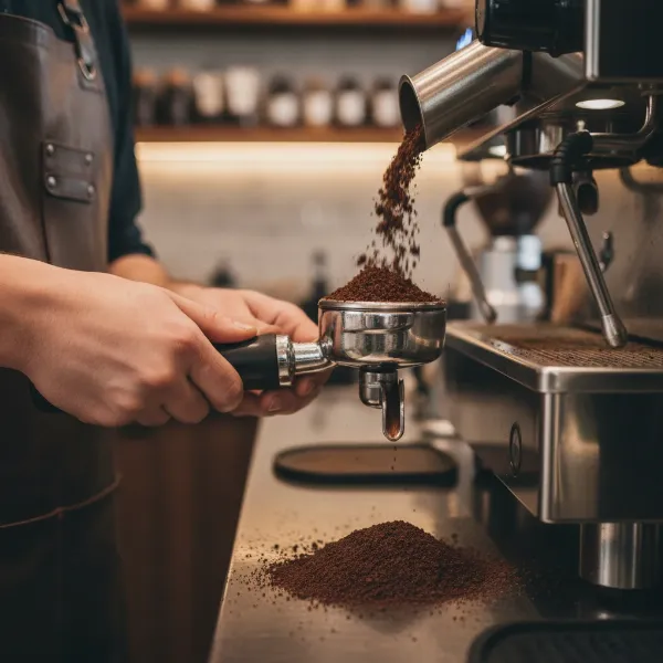 A barista grinds coffee directly into a portafilter, showing grounds spilling around the edges.