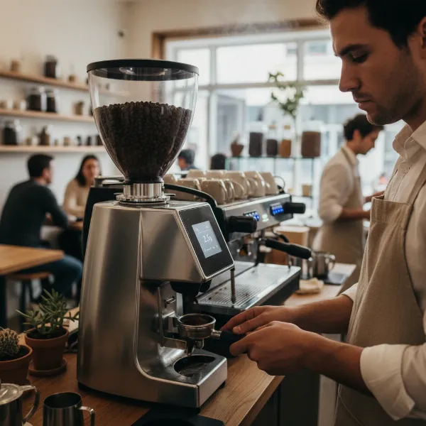 Barista operating a modern commercial espresso grinder in a bustling small cafe setting.