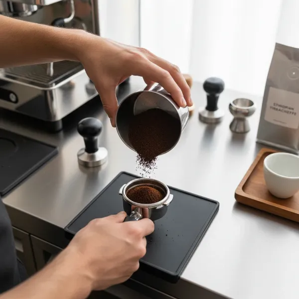 A barista carefully transfers precisely weighed coffee grounds from a dosing cup into a portafilter basket.