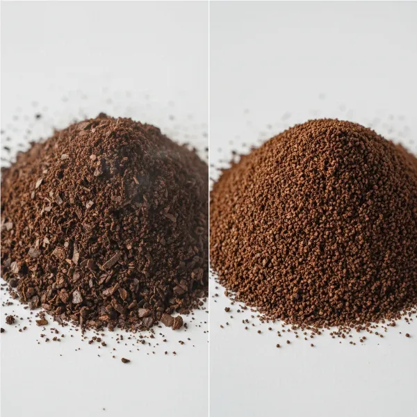 Visual comparison of inconsistent coffee grounds from a blade grinder versus uniform grounds from a burr grinder.