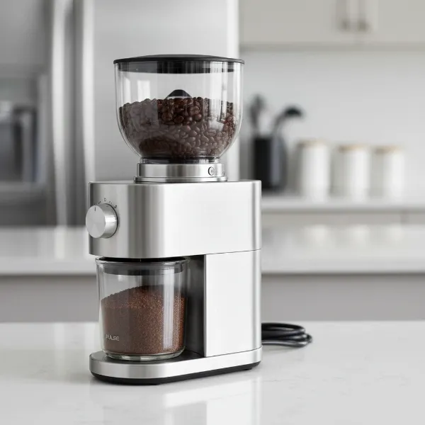 Bodum Bistro burr grinder on a kitchen counter, showing its sleek design and borosilicate glass catch cup.