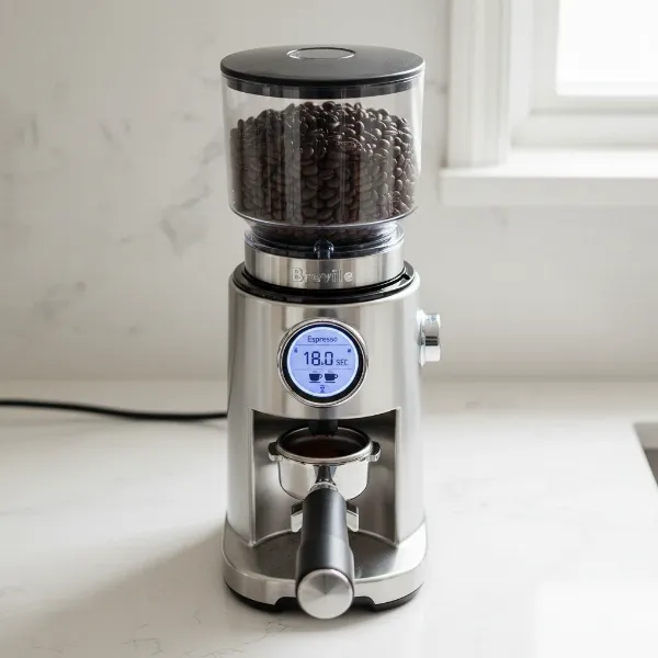 Breville Smart Grinder Pro displaying dose settings on its LCD screen with coffee beans.