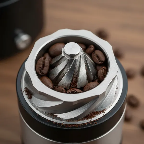 Close-up of conical burrs inside a high-quality coffee grinder, demonstrating the grinding process for consistent particles.