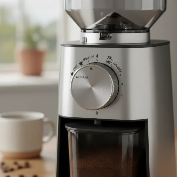 An electric burr coffee grinder with visible grind settings labeled for various brewing methods, showing precision control.