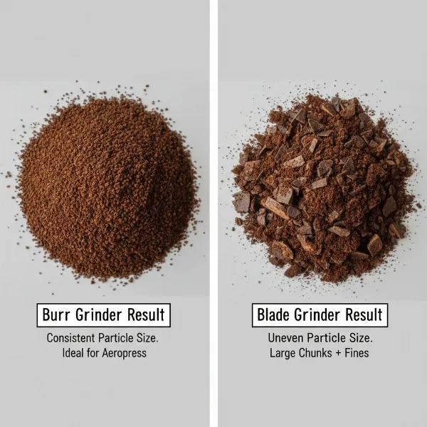 comparison image showing consistent burr grind vs inconsistent blade grind for coffee