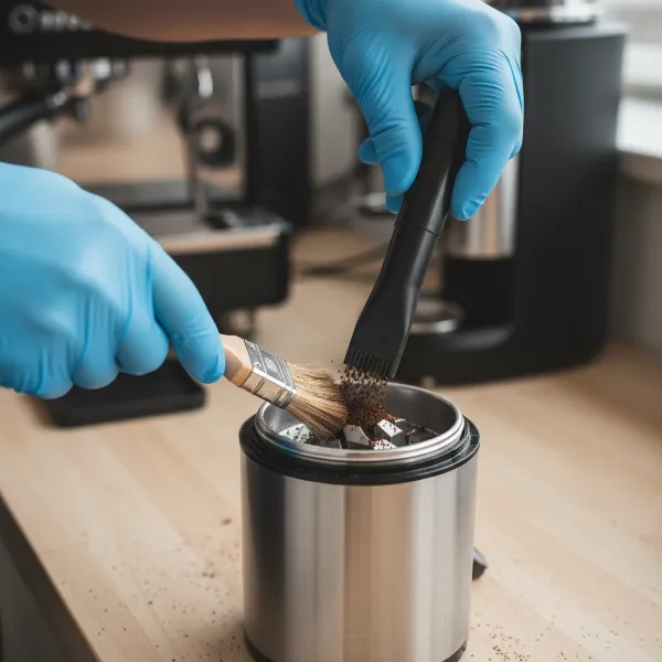 Hands using a small brush and a vacuum attachment to clean coffee grounds from a burr grinder's interior.