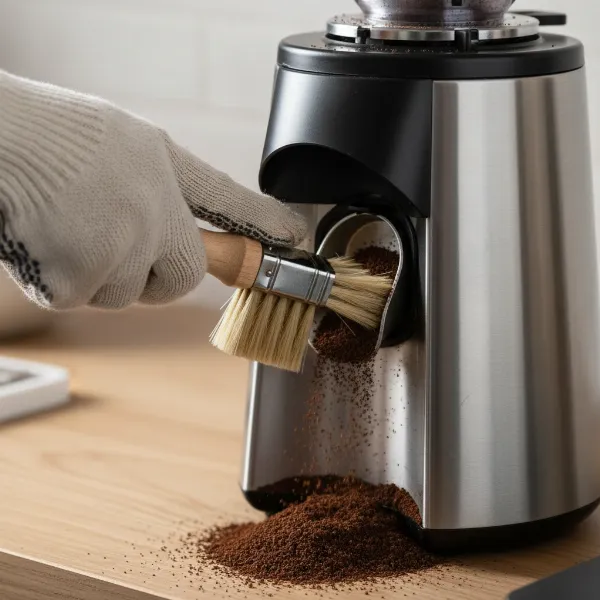 Hand using a small brush to clean residual coffee grounds from a grinder's chute