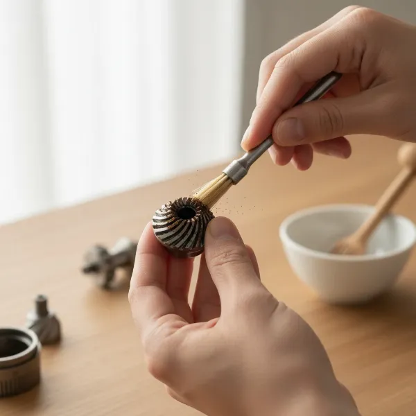 Person actively cleaning the burrs of a hand coffee grinder with a small brush to remove old coffee grounds.