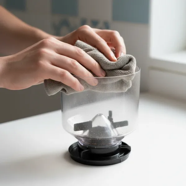 A hand cleaning a detachable coffee grinder hopper with a cloth and soapy water.