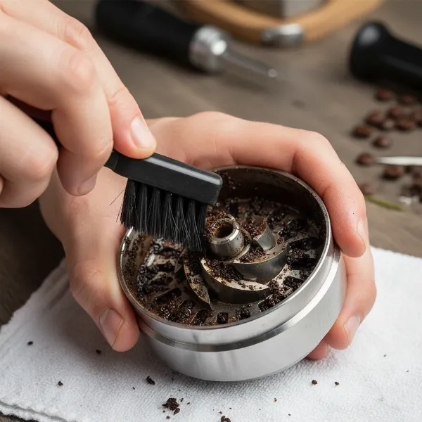 Hands using a small brush to clean sticky, oily residue from a coffee grinder's burrs.