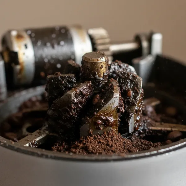 Close-up of coffee grinder burrs clogged with dark, sticky coffee residue and fine grounds