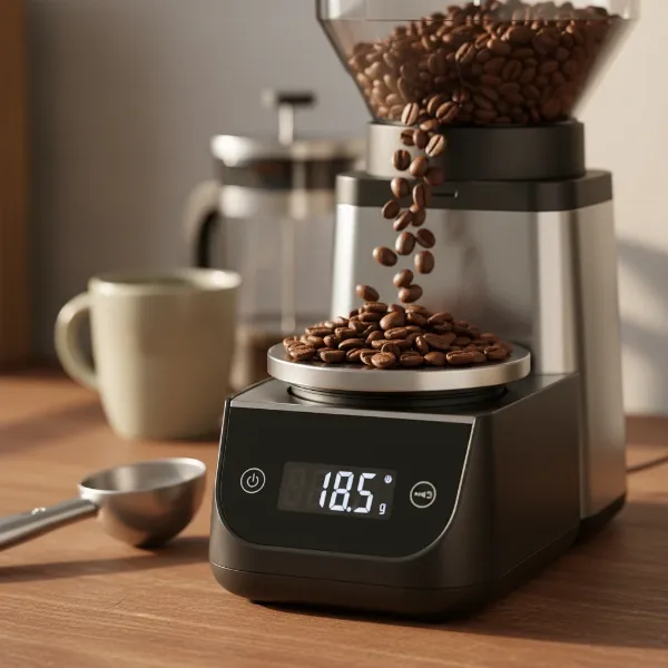 Close-up of coffee beans being weighed on a coffee grinder with an integrated scale.