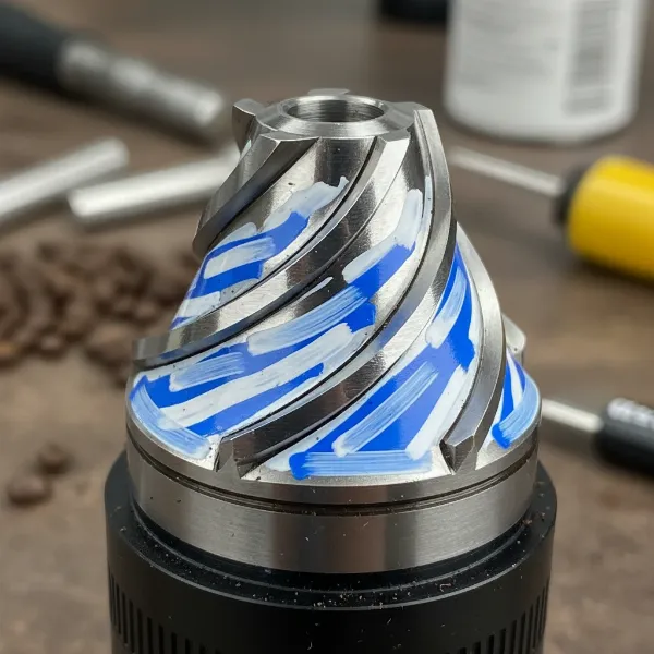 Close-up of a coffee grinder burr with marker ink partially wiped off, revealing high and low contact spots.
