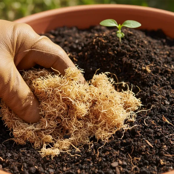 Light, papery coffee chaff being mixed into garden soil or used as mulch for plant growth.