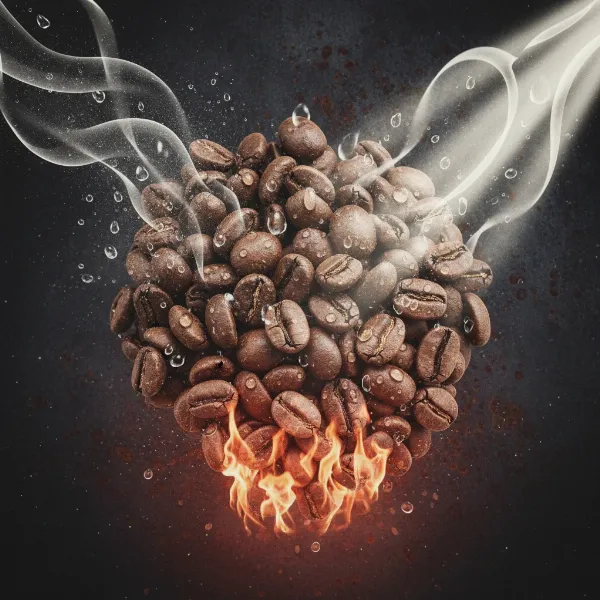 Illustration of factors that degrade coffee flavor: oxygen, moisture, light, and heat affecting coffee beans.