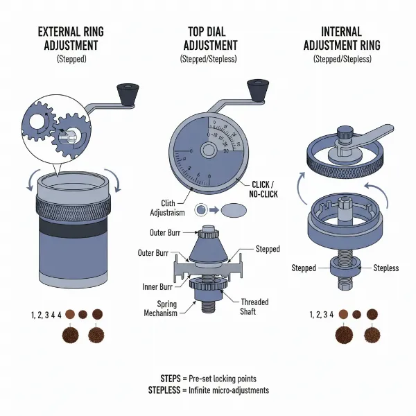Illustration of various coffee grinder adjustment mechanisms: external ring, top dial, and internal.