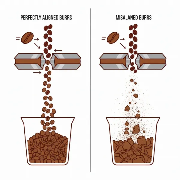 Illustration showing aligned coffee grinder burrs producing uniform grounds and misaligned burrs producing uneven grounds.
