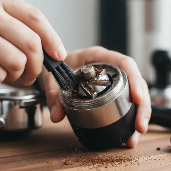 Person cleaning a coffee grinder burr with a brush, removing old coffee oils and grounds.