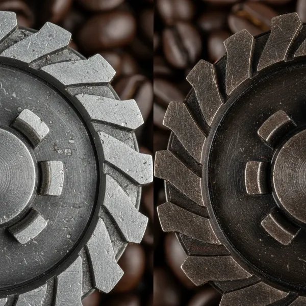 Close-up of coffee grinder burrs, showing microscopic imperfections on new burrs and smoothed surfaces on seasoned burrs
