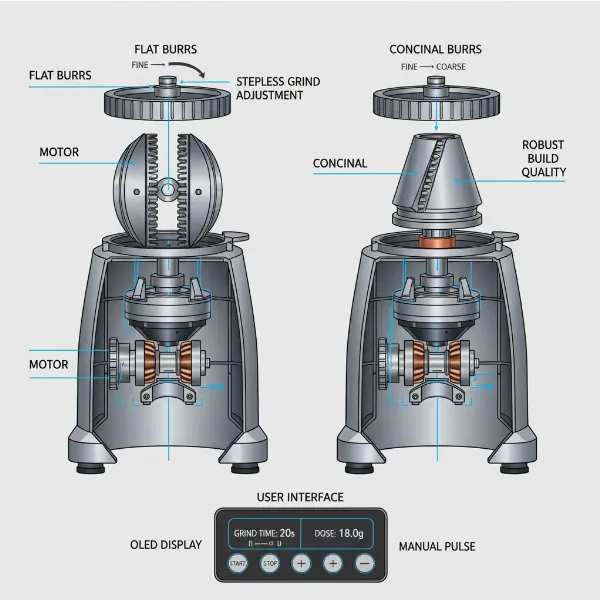 Illustration showing different coffee grinder burr types and grind adjustment mechanisms.