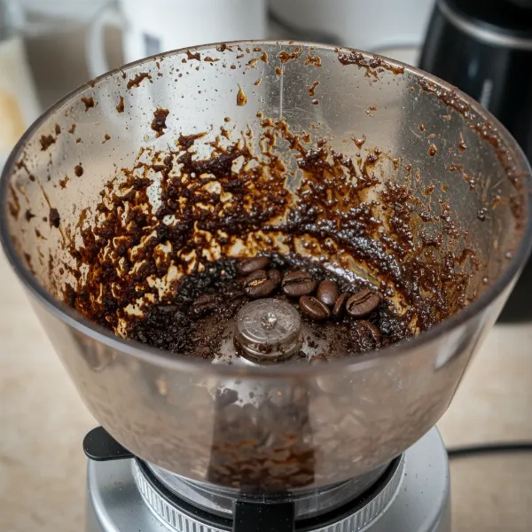 A close-up of a coffee grinder hopper showing sticky, dark coffee oil residue on the inside.