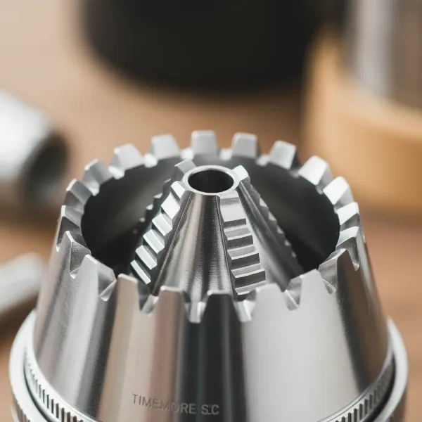 Close-up view of Timemore C3 S2C burr set for coffee grinding showing spike-to-cut mechanism.