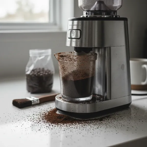 coffee grinder with messy static grounds on counter
