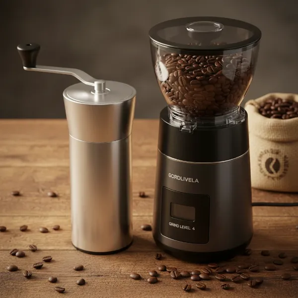 A side-by-side comparison of a sleek manual coffee grinder and a modern electric burr grinder, showcasing their designs.