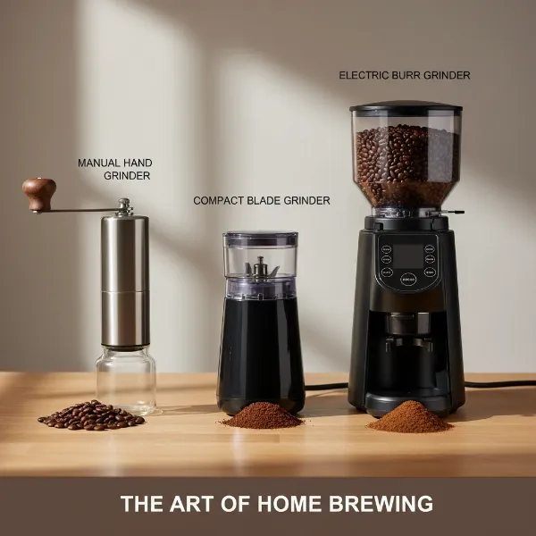 Different types of coffee grinders, from manual to electric, for home brewing enthusiasts.