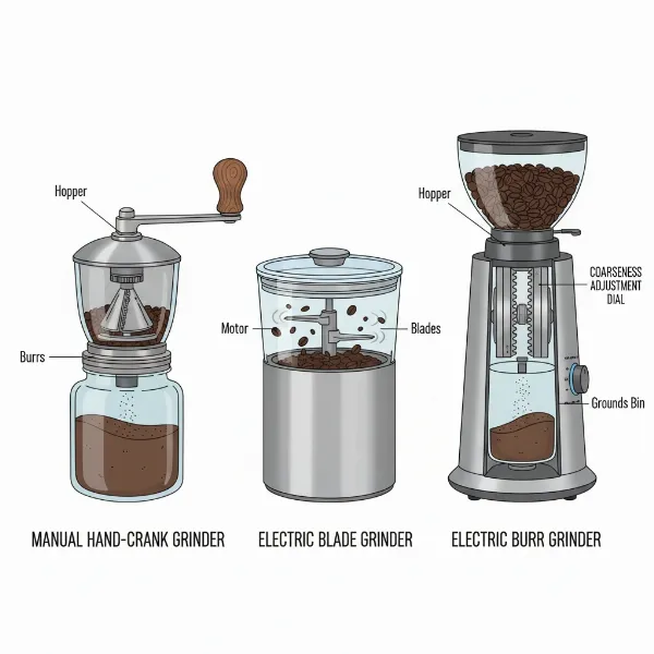 Illustration of manual, blade, and electric burr coffee grinders for comparison