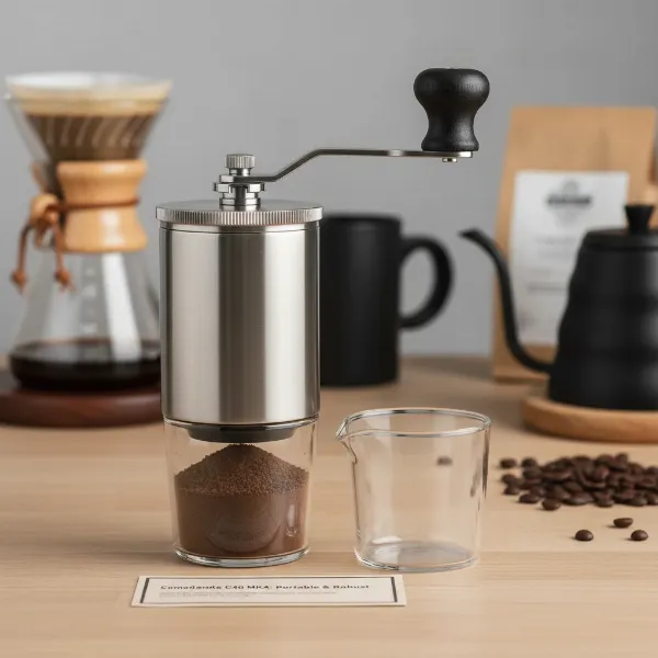 Comandante C40 MK4 with two catch cups, one glass and one clear polymer-glass, showing design improvements.