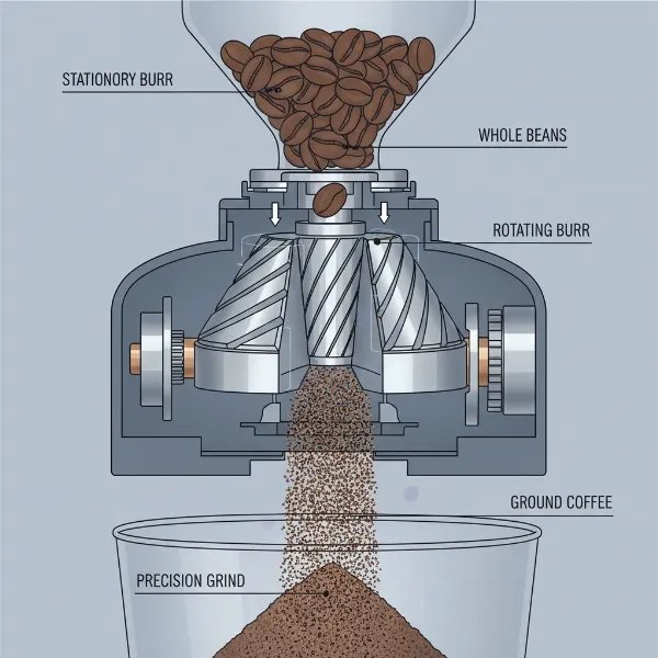 Illustration of conical burrs inside a coffee grinder, showing uniform grinding process.