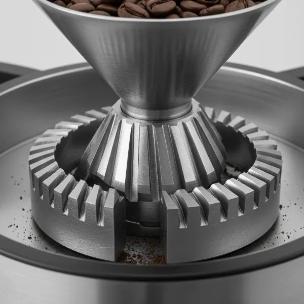 View of a conical burr grinder's inner and outer burrs, highlighting their cone shape for grinding.