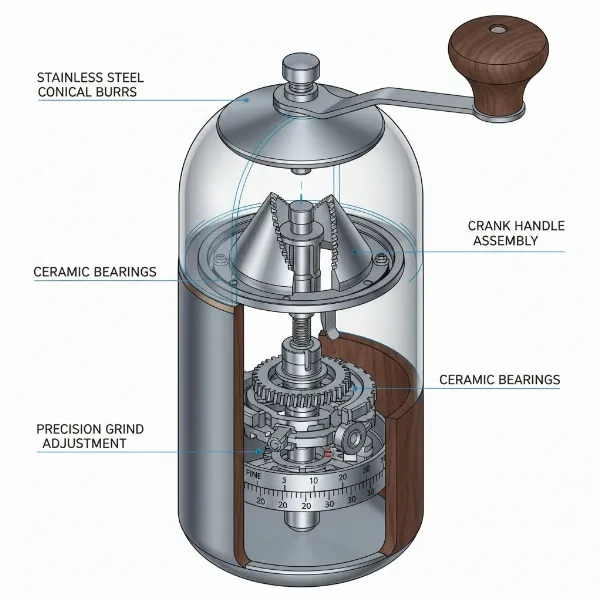 Detailed view of a conical burr set and a precision adjustment mechanism in a hand grinder.