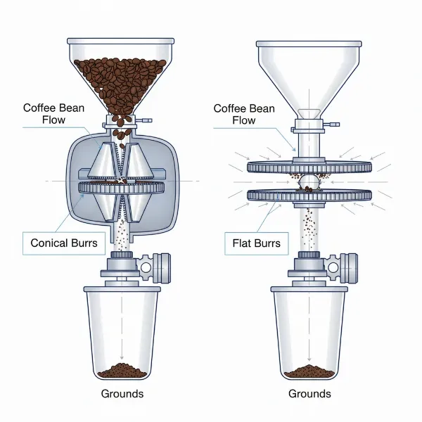 Diagram showing the internal mechanisms of conical and flat burr espresso grinders.