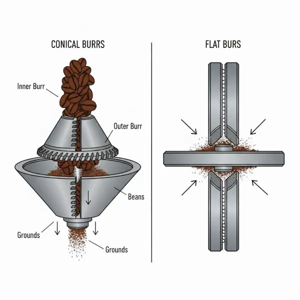 Close-up comparison of conical and flat coffee grinder burrs, highlighting their structural differences.