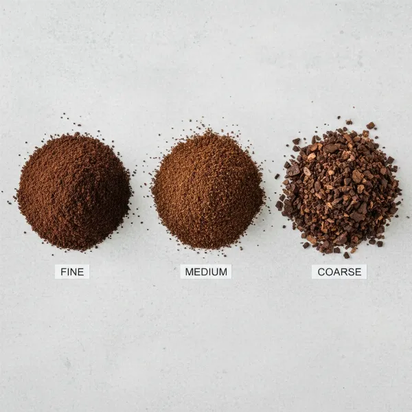 Three piles of coffee grounds demonstrating different grind consistencies: fine, medium, and coarse.
