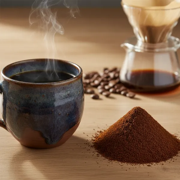 A perfectly brewed cup of coffee next to consistent, evenly ground coffee particles, emphasizing superior taste.