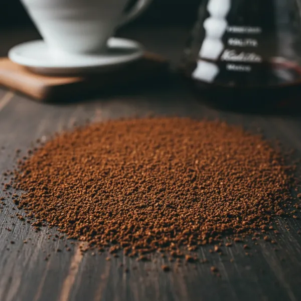 Close-up of perfectly consistent medium coffee grounds for pour over brewing.