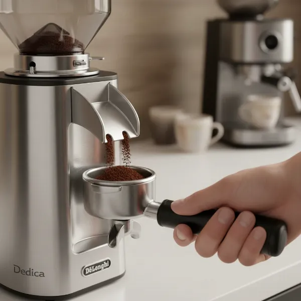 De'Longhi Dedica KG521M grinder dispensing coffee into an espresso portafilter.
