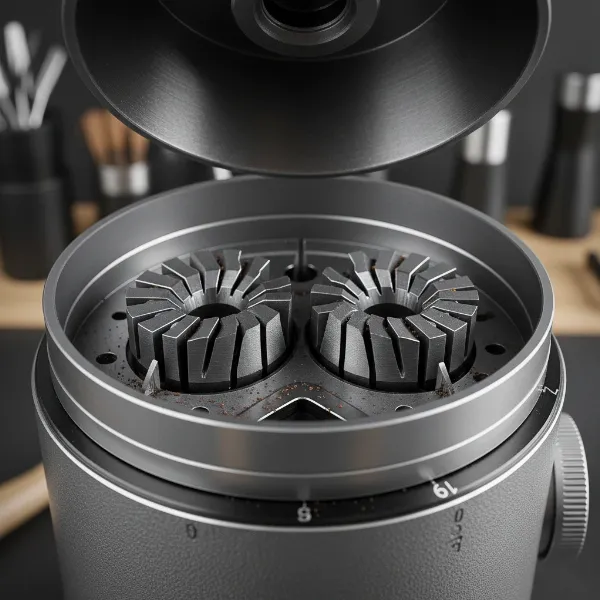 Close-up of 64mm flat burrs inside a DF64 Gen 2 coffee grinder, highlighting their precision design and upgradeability.