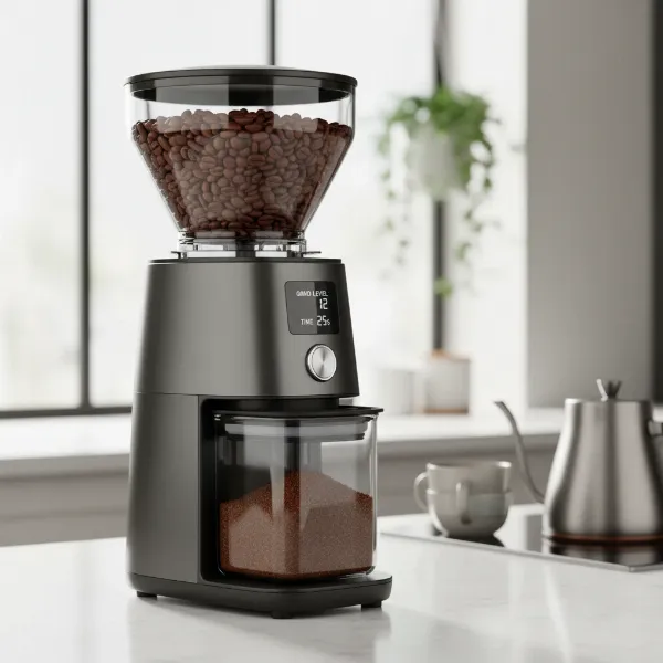 A modern electric burr coffee grinder on a kitchen counter, ready to grind fresh coffee beans.