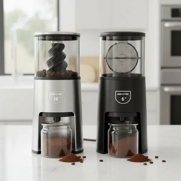 An electric burr grinder with both conical and flat burr options visible in a modern kitchen setting.