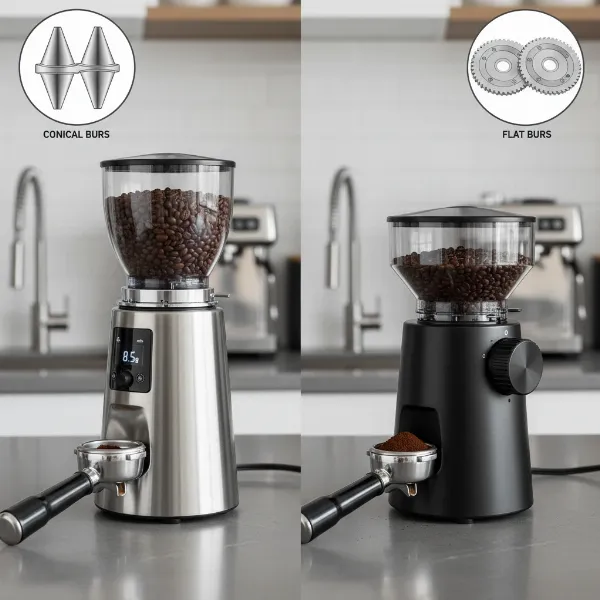 Illustration showcasing different types of electric burr grinders for home espresso setups