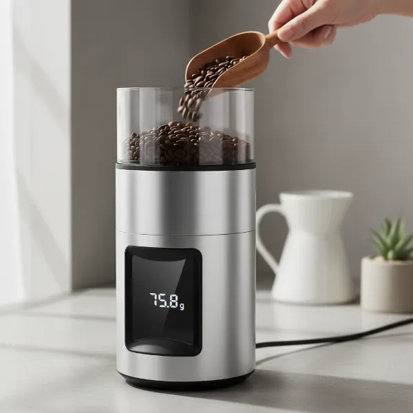 Modern electric coffee grinder with an integrated scale for precise coffee bean weighing.