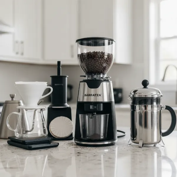 Baratza Encore ESP grinder with various coffee brewing methods like pour-over, French press, AeroPress.